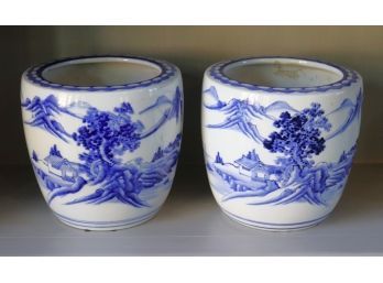 Pair Of Hand Painted Blue & White Porcelain Planters With Asian Style Scenery