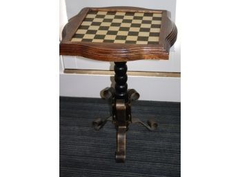 Fun Little Table With Chessboard Top & Curved Wrought Iron Legs