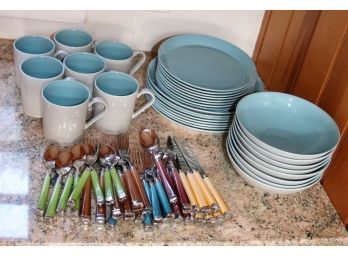 Crate & Barrel Dansk Kyra Pattern Dinnerware & Colorful Stainless Flatware