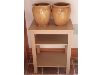 Pair Of Mustard Color Glazed Pottery Planters & Painted Wood Side Table
