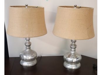 Pair Of Boho Chic Mercury Glass Lamps With Burlap Shades