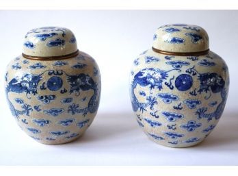 Pair Of Asian Blue & White Chinese Covered Urns With Lucky Dragons & Crackle Finish