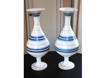 Beautiful Pair Of Neo-Classical Style Vases With Blue & Gold Stripes & Graceful Lines