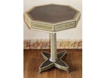 Stunning Middle Eastern Inlaid Bone Pedestal Table With Leather Top