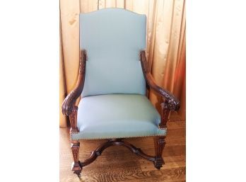 #1.  Gorgeous French Renaissance Style Med. Blue  Armchair With Carved Wood & Silk Upholstery