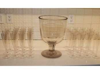 Large 19th Century Crystal Vase Or Ice Bucket & 31 Plastic Champagne Flutes