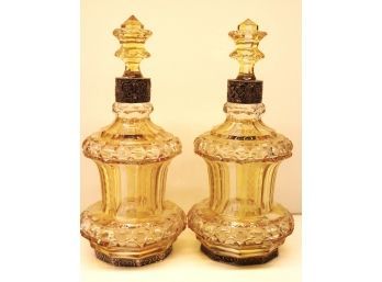 Pair Of Renaissance Style Etched Crystal Decanters With Silver Plate Highlights