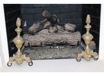 Pair Of Romanesque Style Brass Or Bronze Andirons With Female Bust & Flame Finial