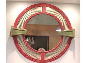 One Of A Kind Antiqued Folk-Art Wall Mirror With Painted Wood Frame & Wooden Pediments