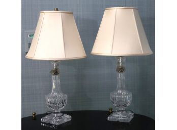 Pair Of Petite Etched Crystal Table Lamps With Custom Silk Shades