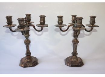 Pair Of Silver - Plated Renaissance Style Candelabra Candlesticks With Engraved Design
