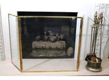Contemporary 3 Panel Glass Fireplace Screen With Modern Brass Frame & Brass Fireplace Tools