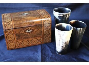 Antique English Burl Wood Tea Caddy With Geometric Inlay & 3 Horn Cups