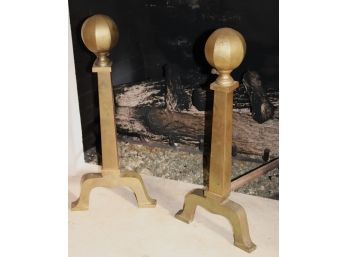 Pair Of Tall Antique Brass Arts & Crafts Style Andirons With Octagonal Ball Finials