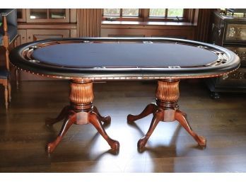 Amazing Double Pedestal Poker / Card Table With Blue Velvet & Leather Top