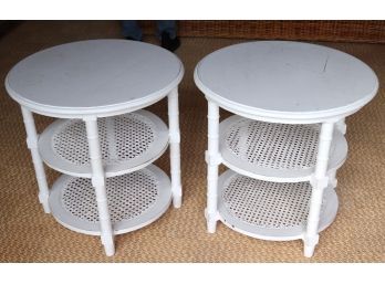Pair Of Distressed Wood Painted Side Tables With Rattan Shelves