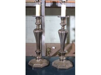 Pair Elegant Silver-Plated Candlestick Lamps With Fluted Columns & Octagonal Bases