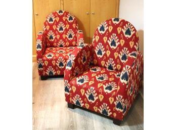 Pair Of African Style Armchairs With Colorful Woven Fabric Upholstery
