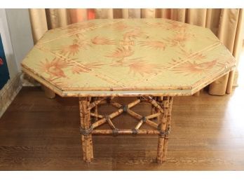 Exotic Wood & Bamboo Octagonal Table With Decoupage Of Birds & Palm Leaves In A Crackled Finish