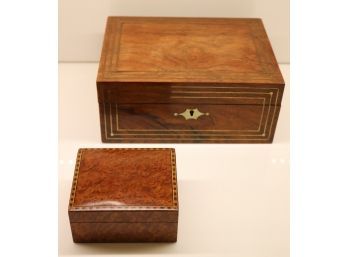 Two Antique English Inlaid Wood Boxes, One With Brass Highlights