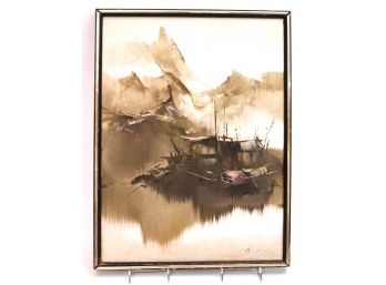 Vintage Painting Of Vietnamese Style Houseboat Signed And Attributed To K.F. Ng