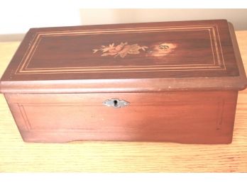 Antique Inlaid Wood Music Box In Working Condition