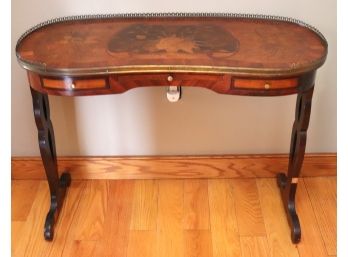 Beautiful Inlaid Wood Kidney Shaped Table Or Small Desk With Leather Pull Out Shelf