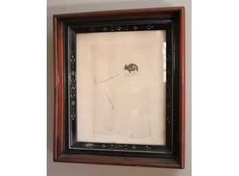 Signed Engraving Of Art Deco Female Nude In Antique Frame