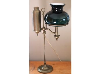 Antique Brass Oil Lamp With & Green Glass Shade