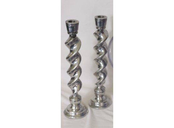 Set Of Corkscrew Style Stainless Candlesticks