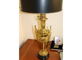 Classical Brass Lamp With Greek Key Pattern And Black Shade