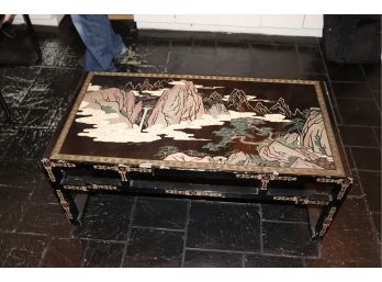 Vintage Asian Style Wood Coffee Table Mountain Landscape Scene,Shows Damage Paint Chipping