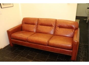 Brown Leather Like Sofa With Oak Wood Trim