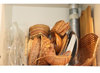 Cabinet Full Of Baskets, Trays, Baking Pans And Cutting Boards