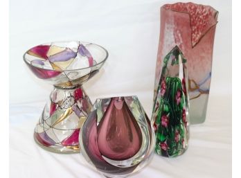 Lot Of 4 Decorative Blown Glass And Crystal Glass Includes Signed Piece By Deeble