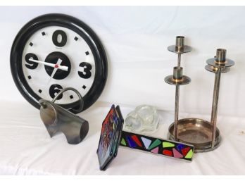 Italian Clock By Guzzini And Decorative Glass With Candle Holder