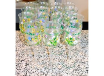 Lot Of 15 Floral Hand Painted Wine Glasses With Green Trim