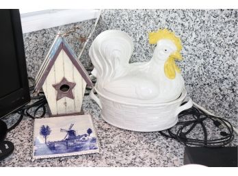Rooster Soup Tureen By Carbone, Porcelain Trivet And Bird House