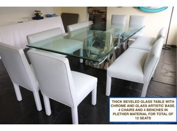 Large Glass Dining Room Table With Thick Beveled Glass And Artistic Base Includes Benches And Chairs
