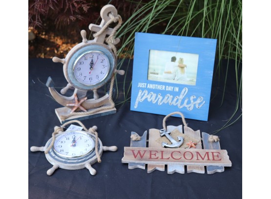Decorative Nautical Themed Items Includes Clocks And Welcome Sign