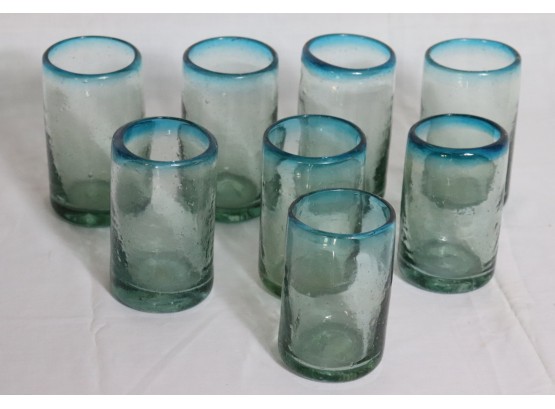 Set Of 8 Assorted Size Hand Blown Drinking Glasses With Blueish Green Tint