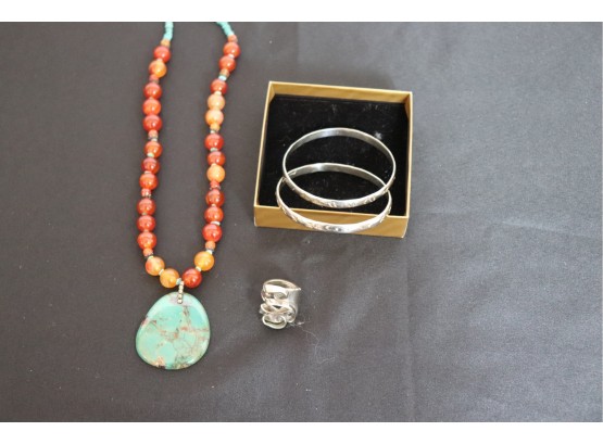 Sterling Bracelets With Handmade Sterling Ring And Turquoise Colored Stone And Bead Necklace