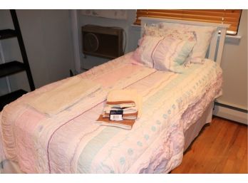 Twin Sized Bed Includes Frame, Mattress, Bedding, Safety Rails And Towels