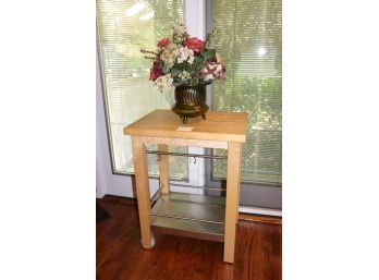 Wood And Stainless Kitchen Prep Table On Wheels , Measures 26' W X 20' D X 33' Tall With Decorative Faux Cente