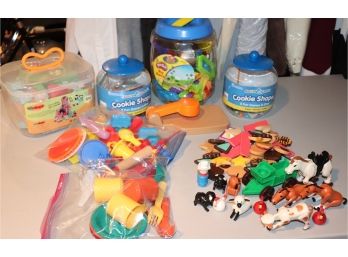Lot Of Assorted Play Doh Accessories, Building Blocks, And Farm Animals