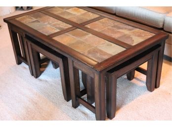 Wood And Stone Tile Coffee Table With 4 Stool Slide In Seats