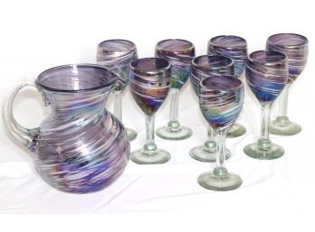 Set Of 8 Stunning Luminescent Blown Glass Sangria Glasses With Pitcher