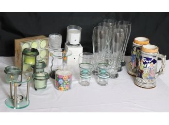 Lot Of Assorted Beer Steins, Pilsner Glasses And Candles