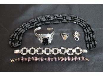 Sterling Brauer Stamped Silver Bracelet And  Black Stone & Sterling Bracelet From Mexico With Rings