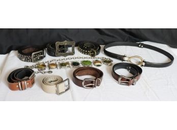 Lot Of 9 Assorted Women's Belts Approximately Size 10 / Small/ Medium Includes CK, Chicos, Linda Pelle